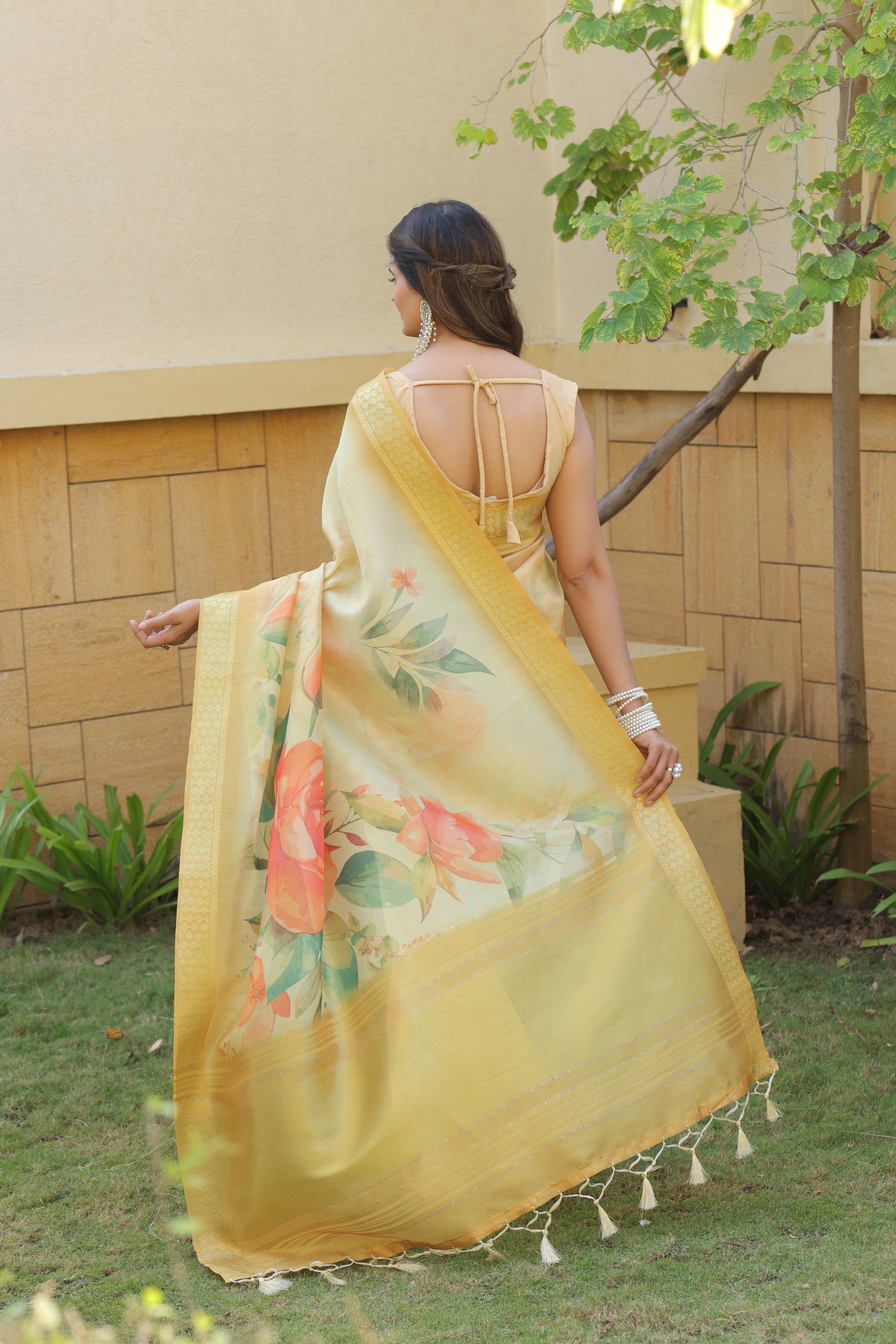 Pastel Yellow Floral Silk  Saree