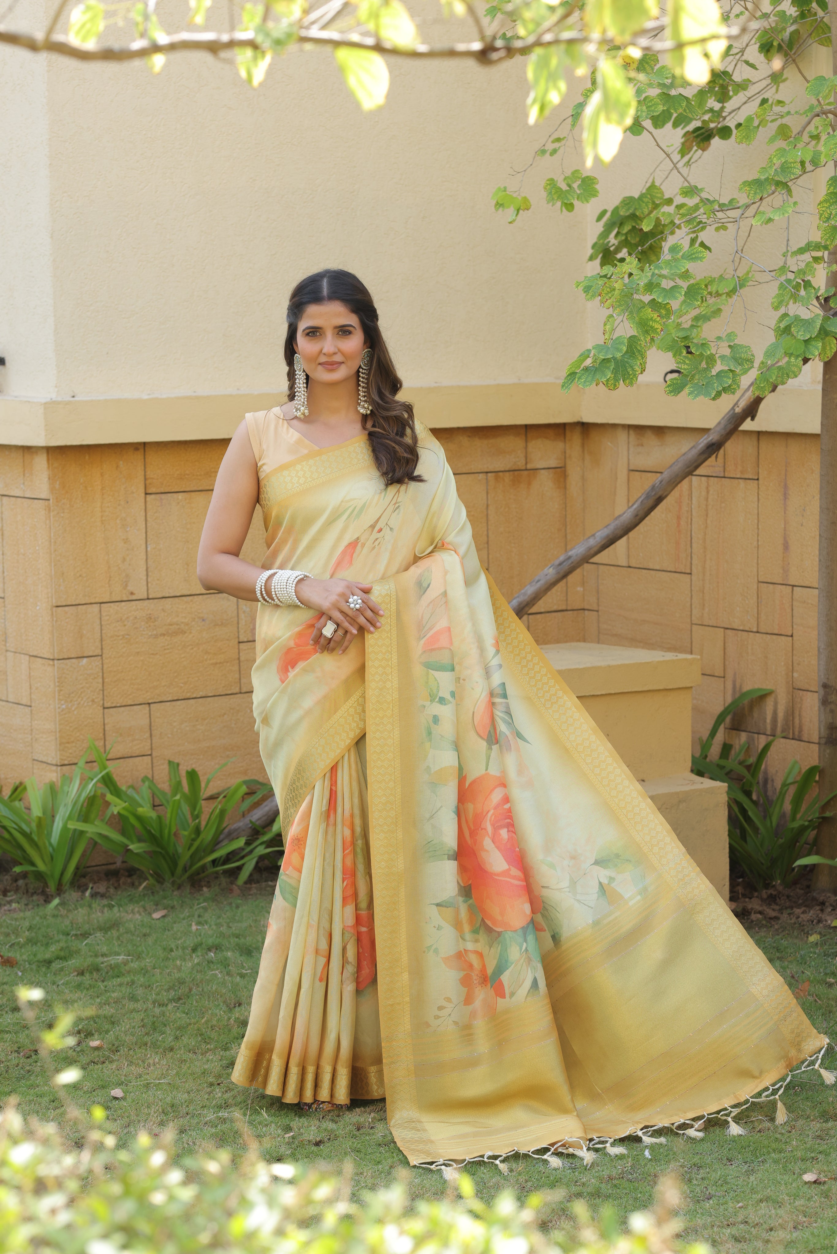 Pastel Yellow Floral Silk  Saree