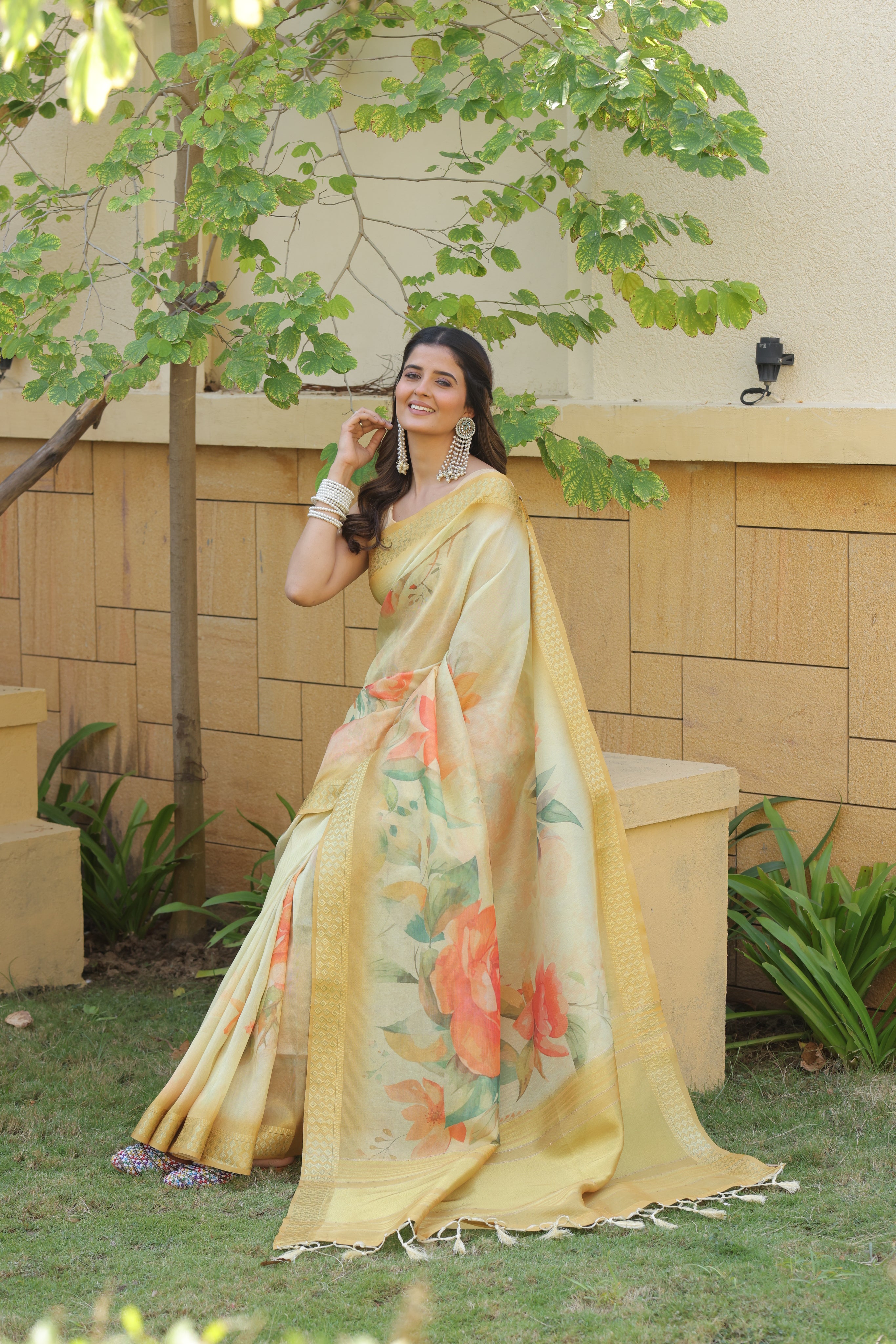 Pastel Yellow Floral Silk  Saree