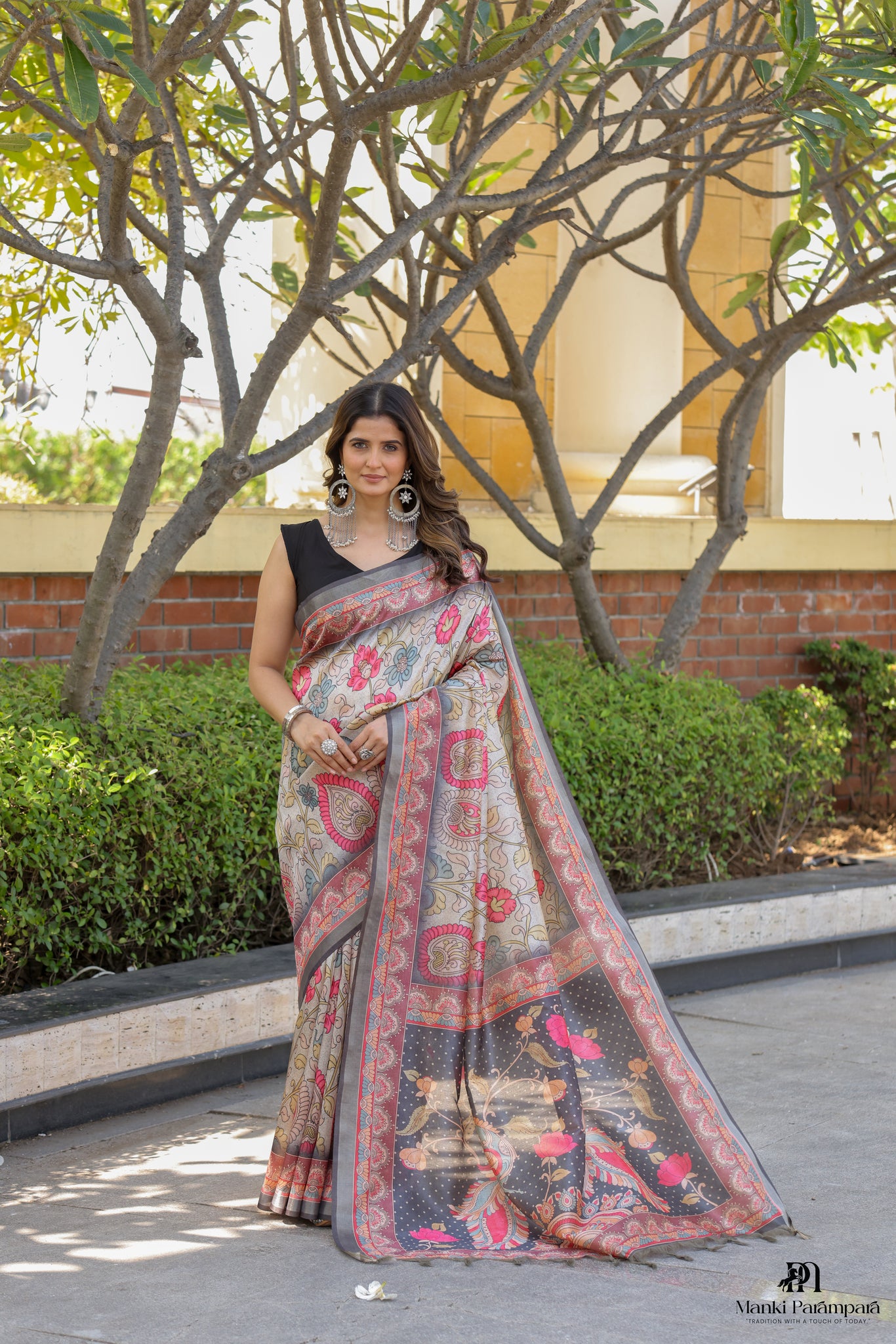 Peacock & Floral Kalamkari Saree