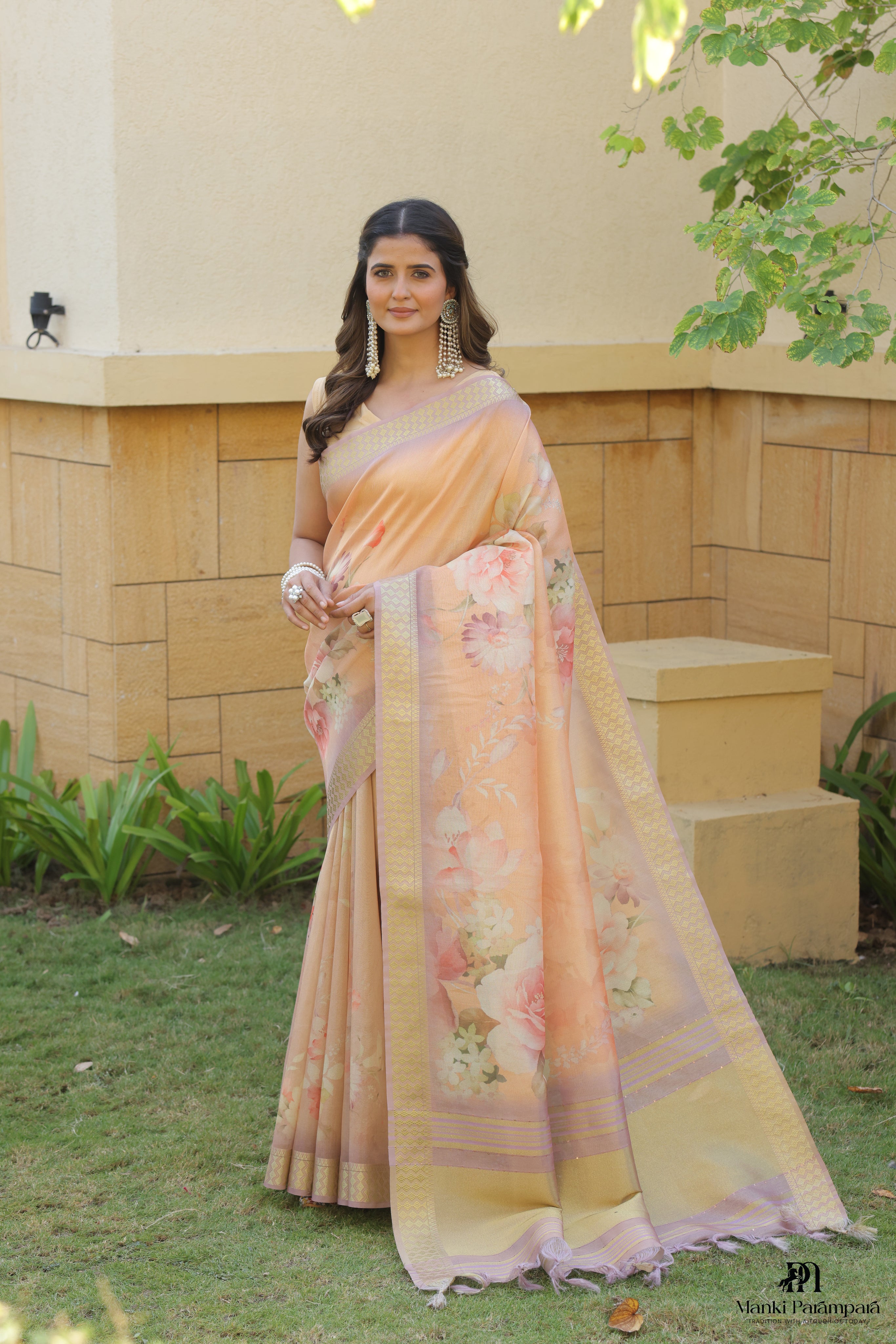 Peach Floral Silk Saree