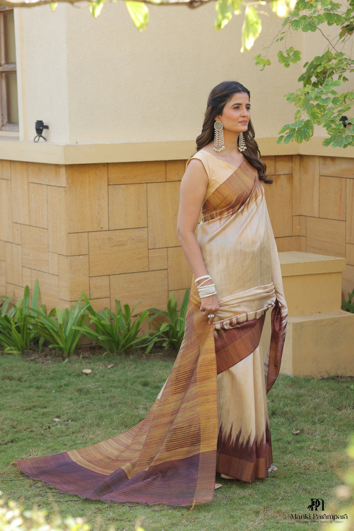 Beige Brown Ikat Silk Saree