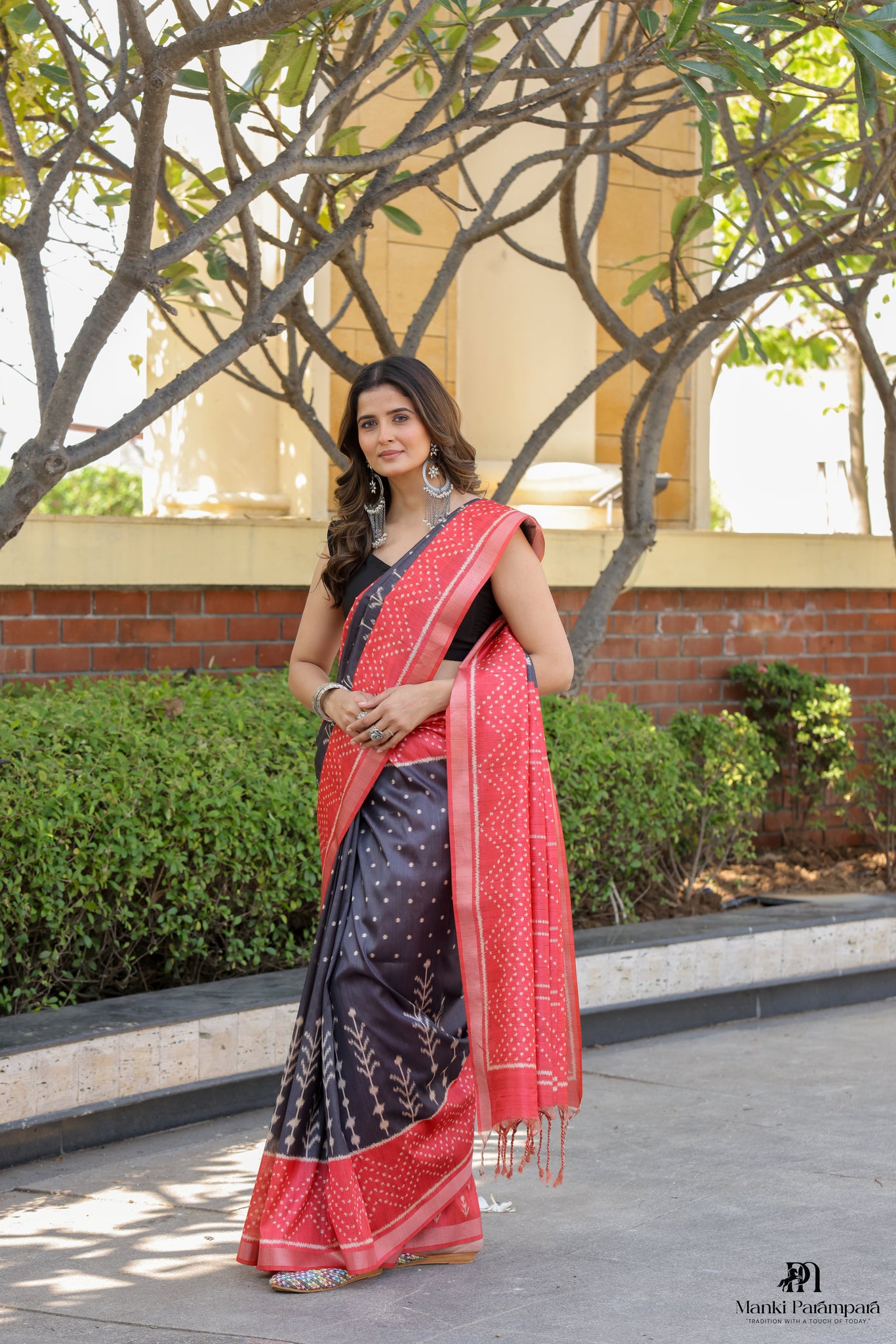 Black & Red Tussar Silk Saree