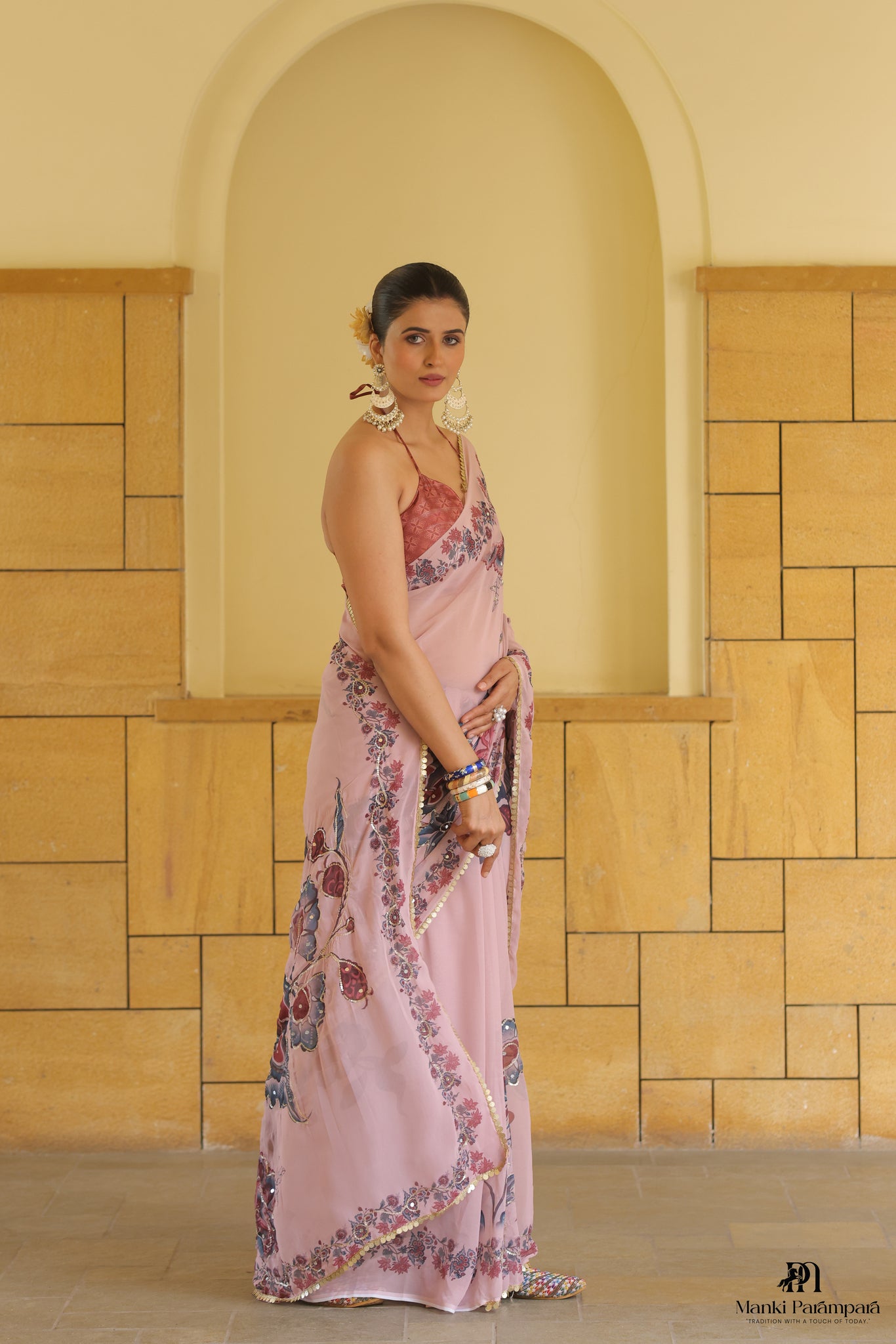 Pastel Pink Chiffon Floral Saree