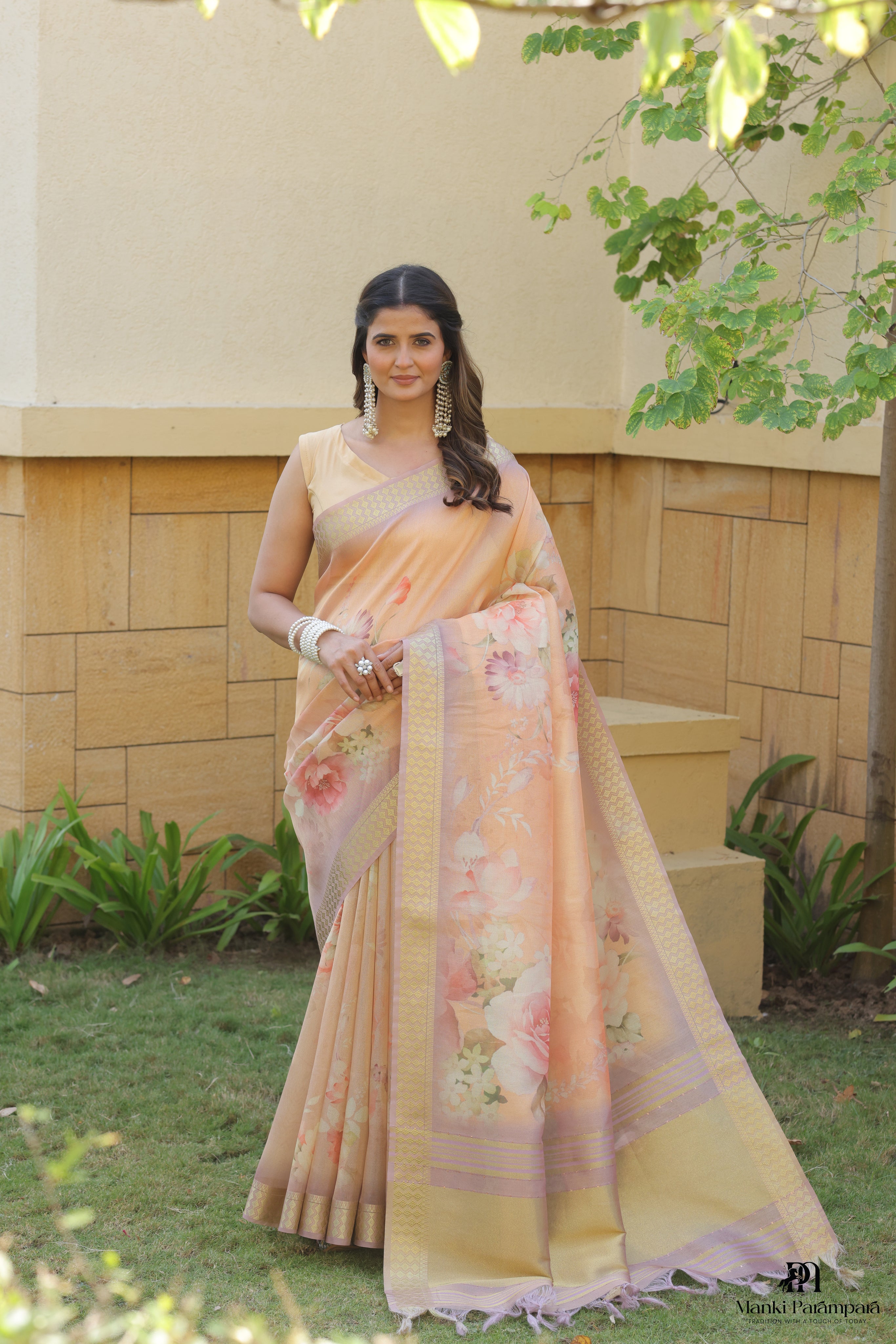Peach Floral Silk Saree