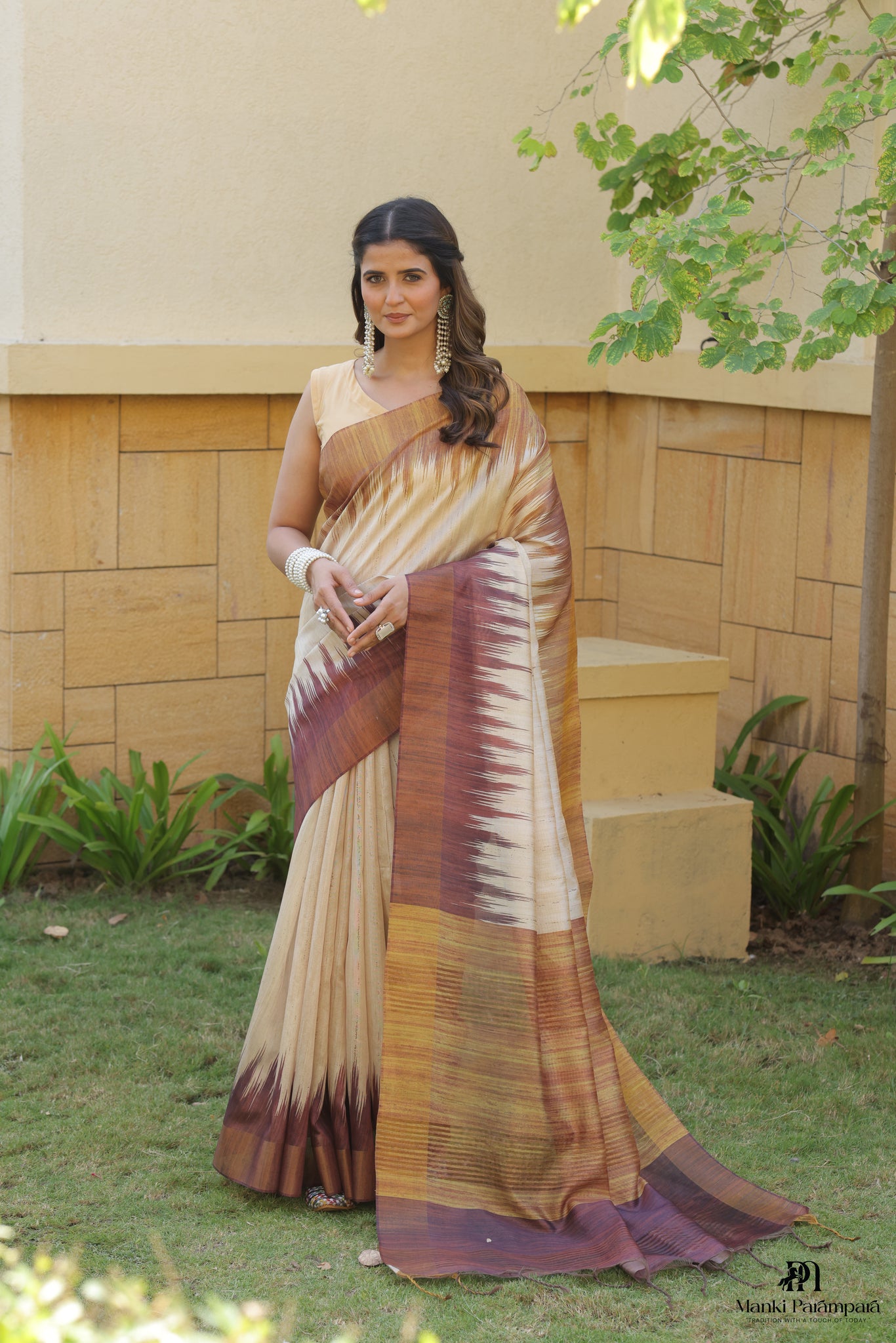 Beige Brown Ikat Silk Saree