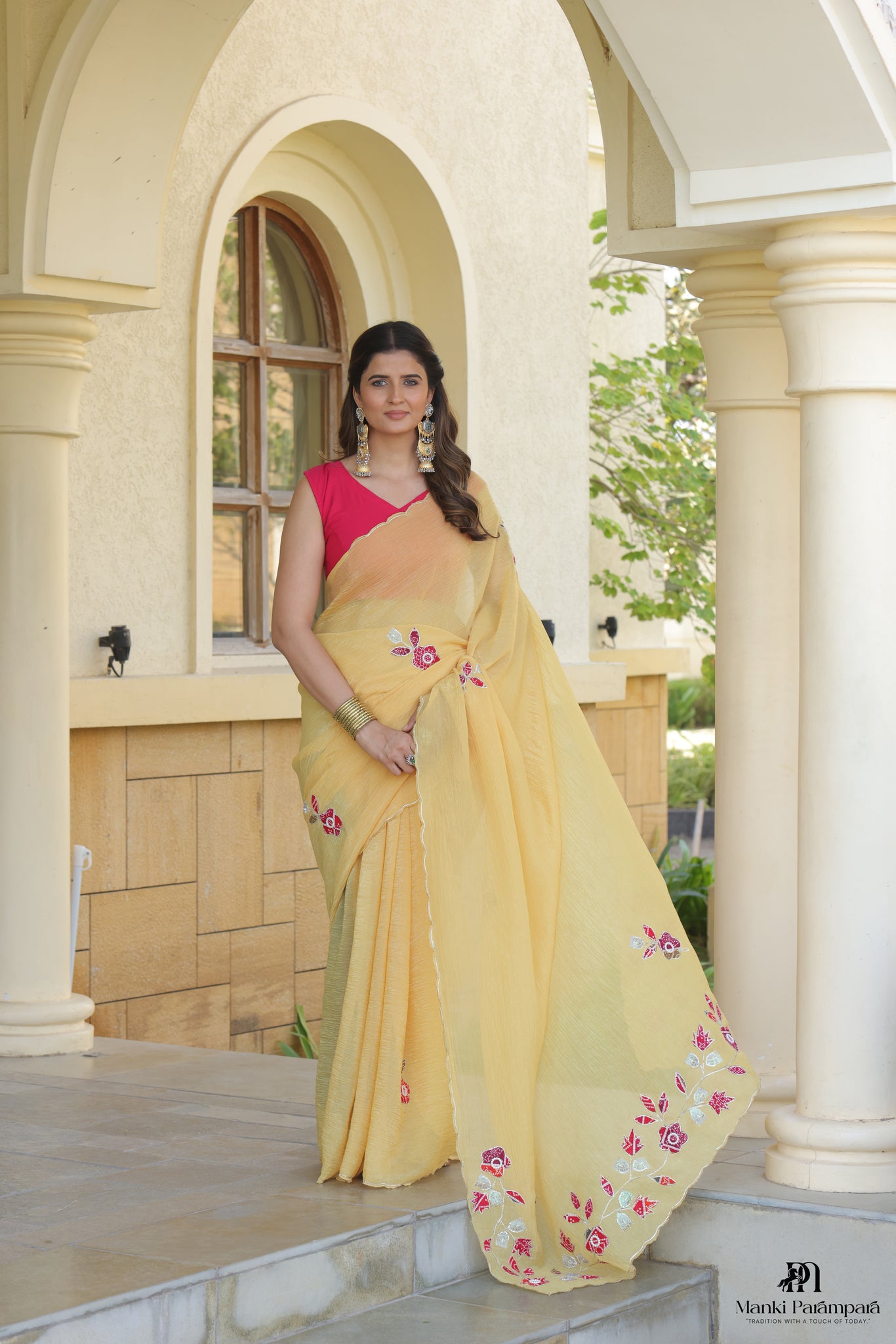 Yellow Embroidered Floral Saree