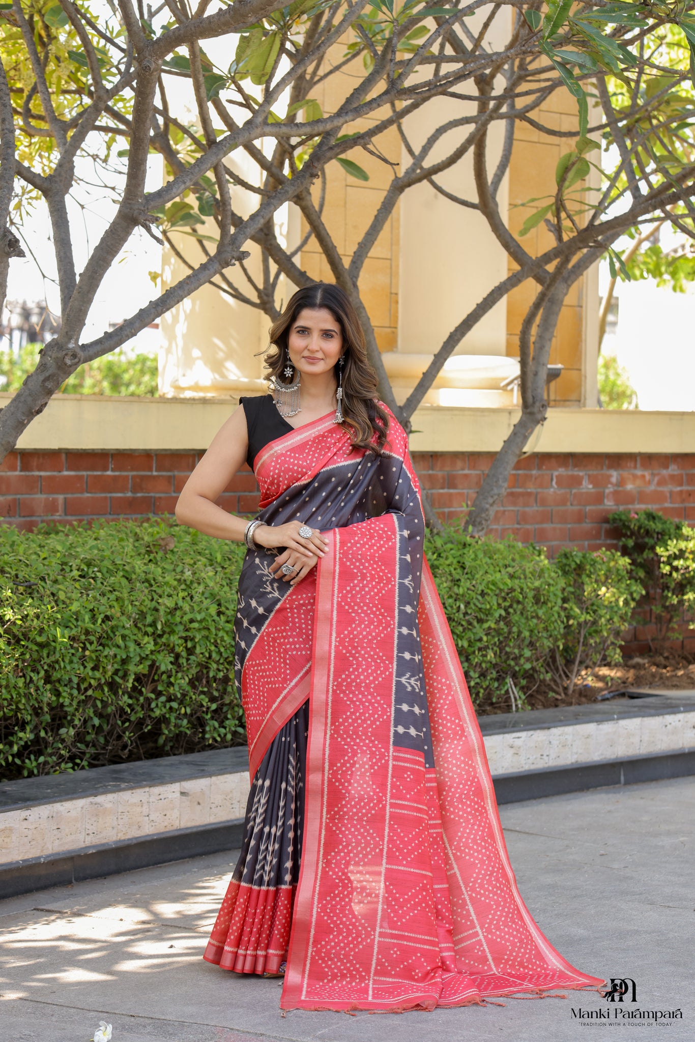 Black & Red Tussar Silk Saree