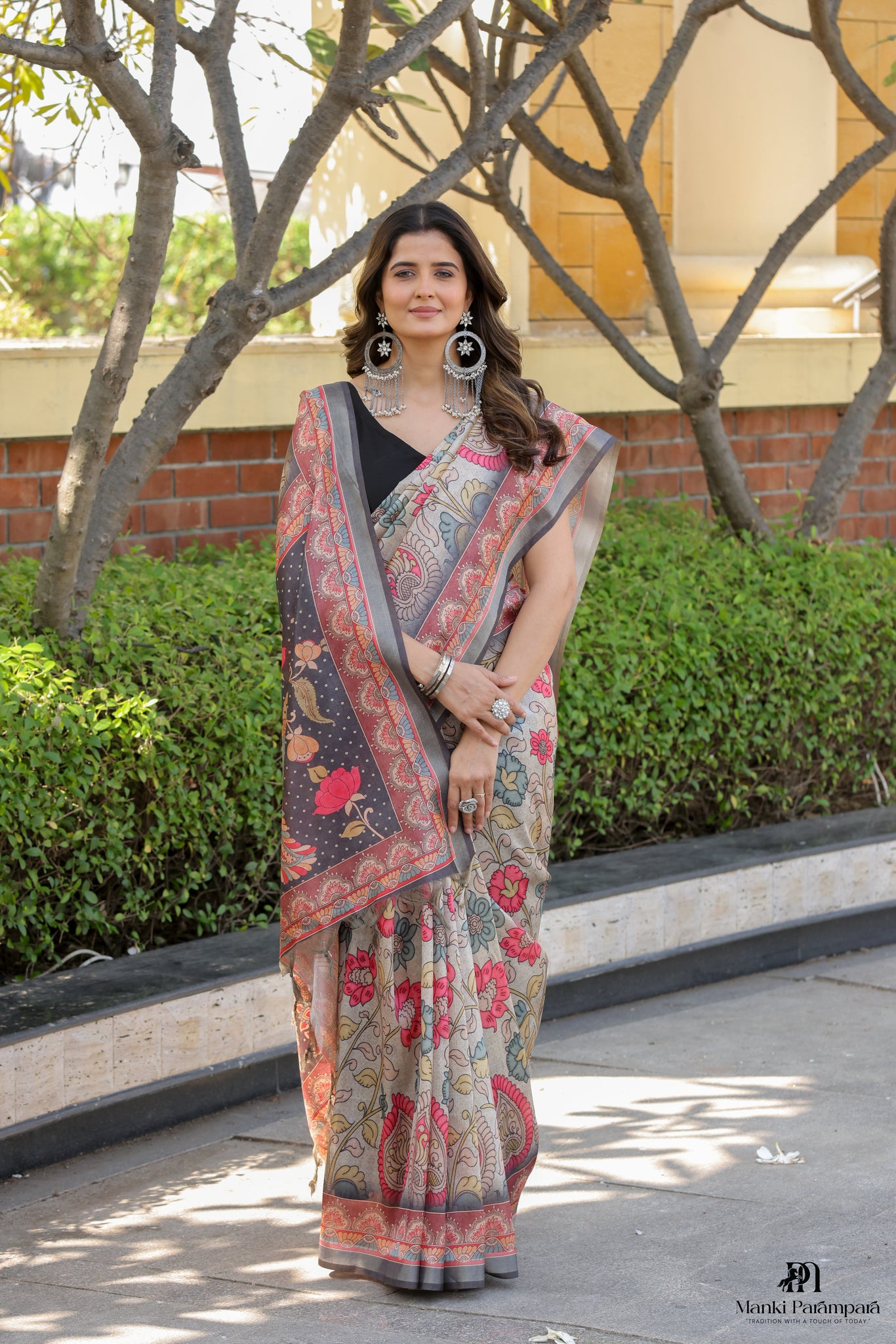 Peacock & Floral Kalamkari Saree