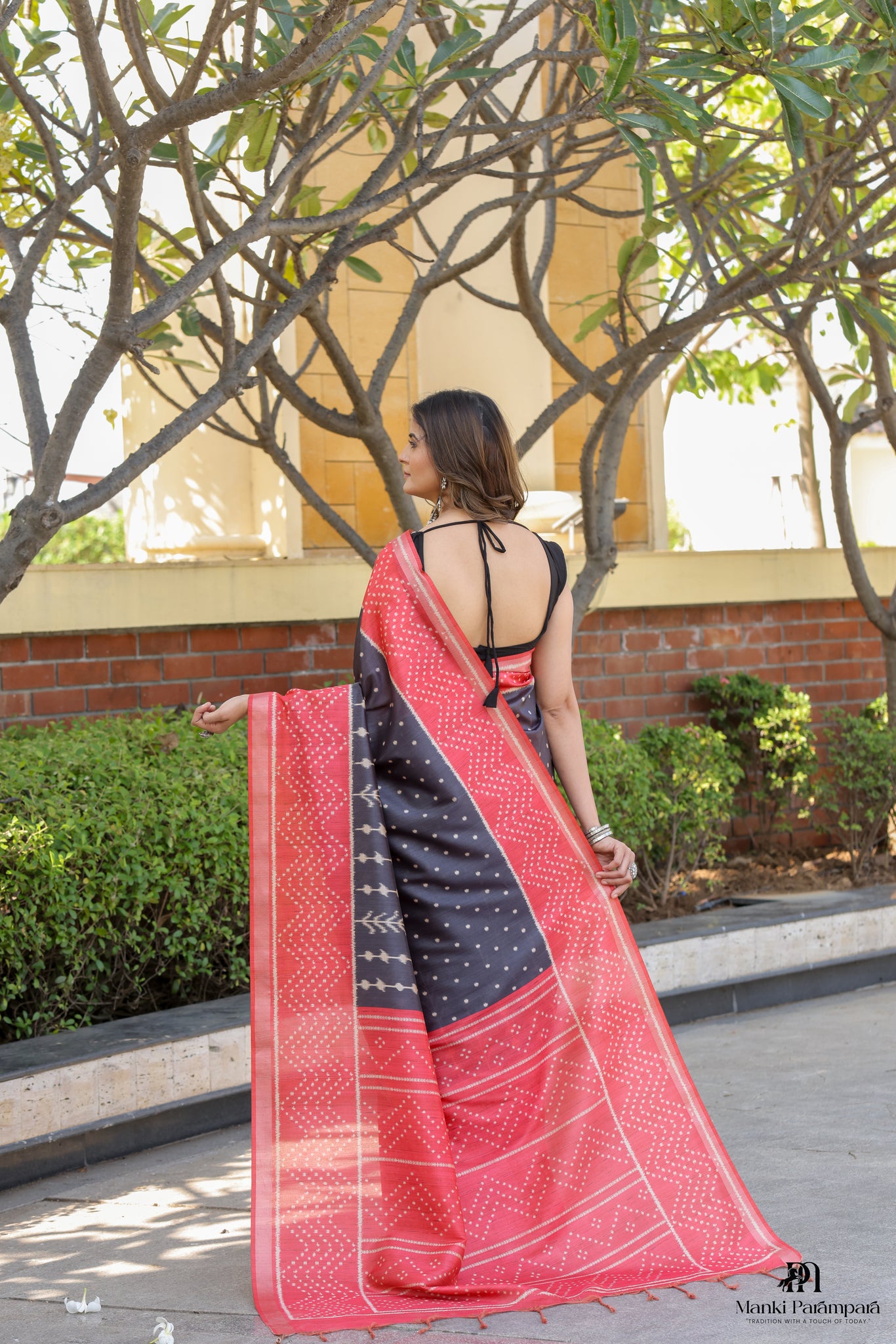 Black & Red Tussar Silk Saree