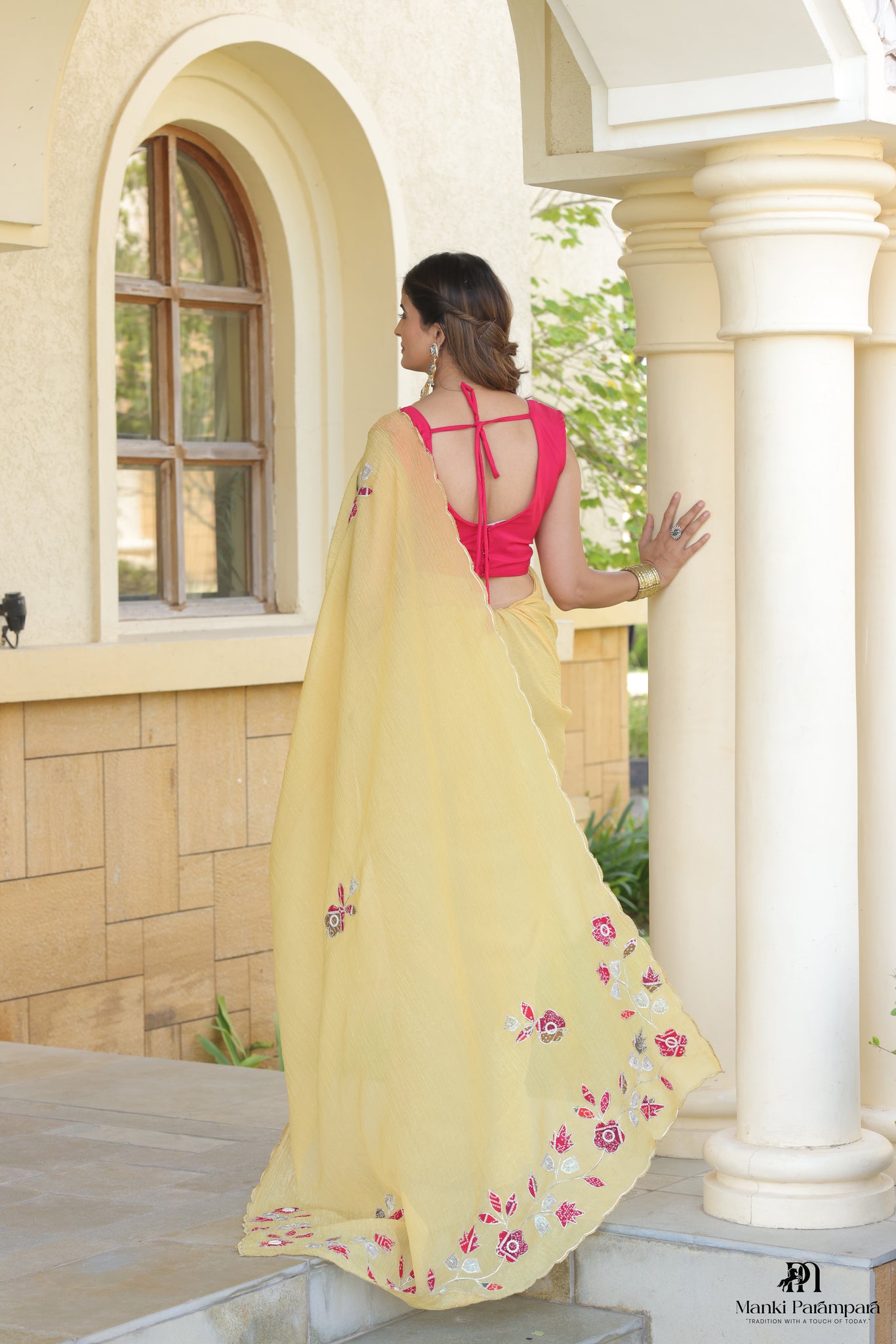 Yellow Embroidered Floral Saree