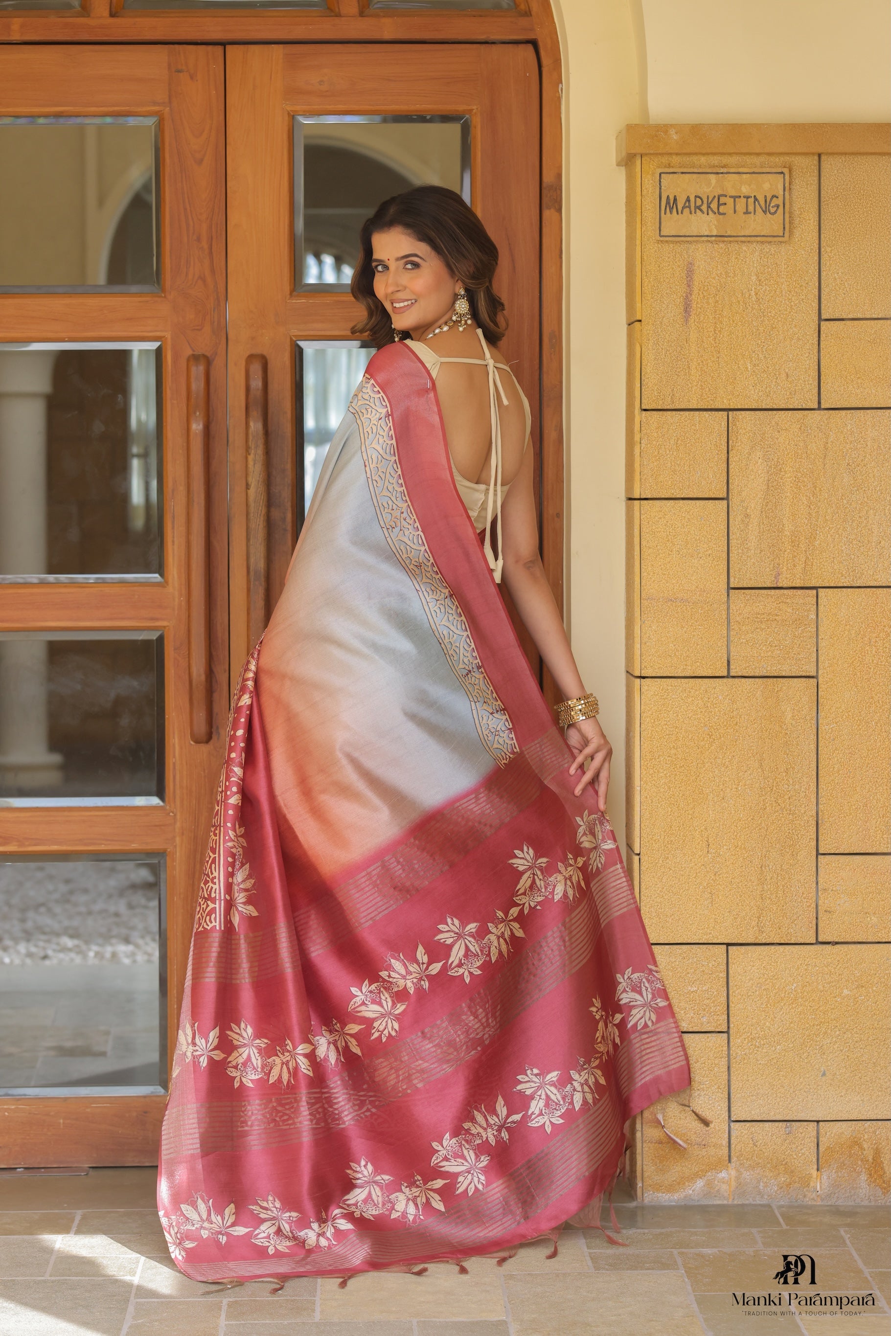 Dual-Shade Floral Tussar Silk Saree