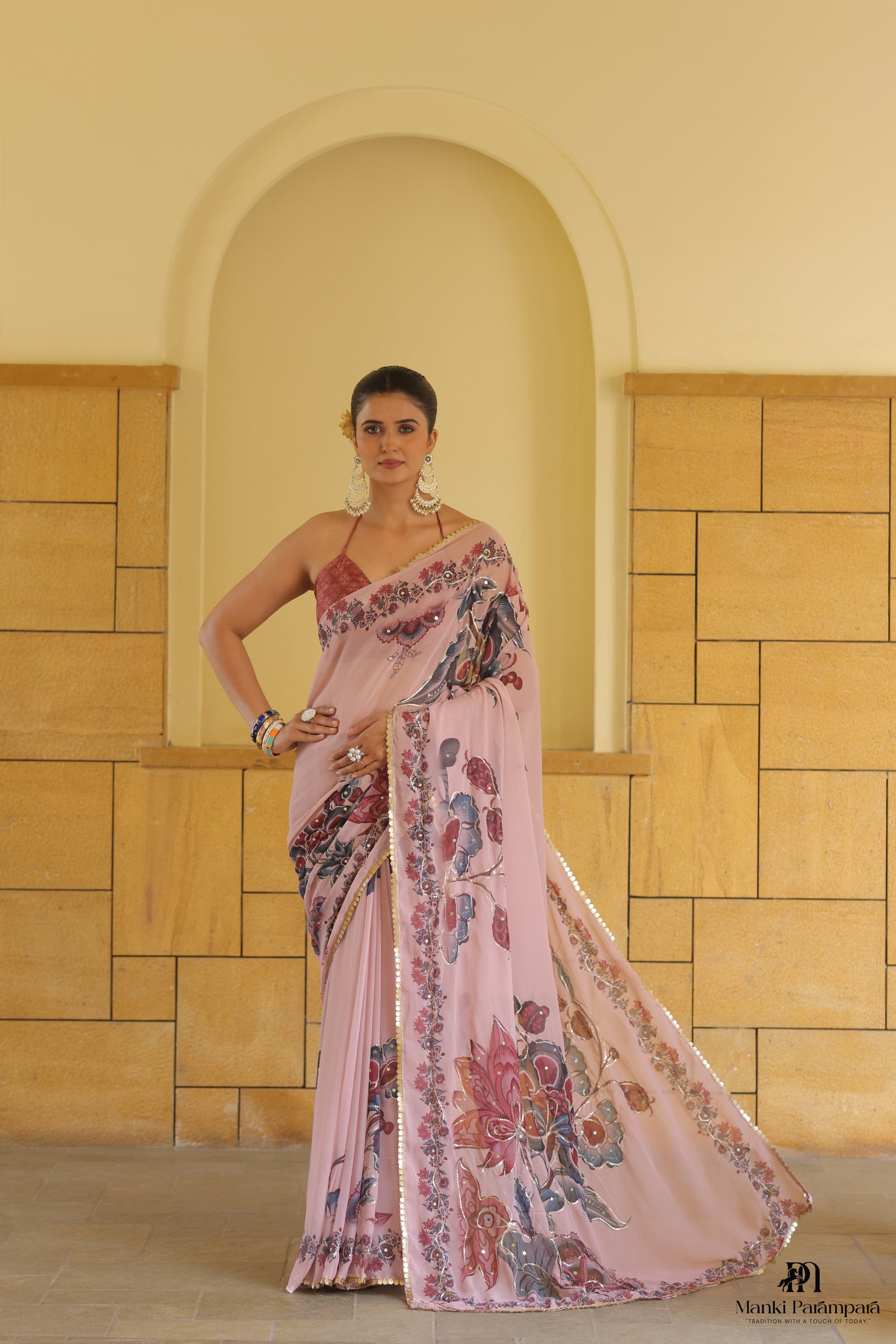 Pastel Pink Chiffon Floral Saree