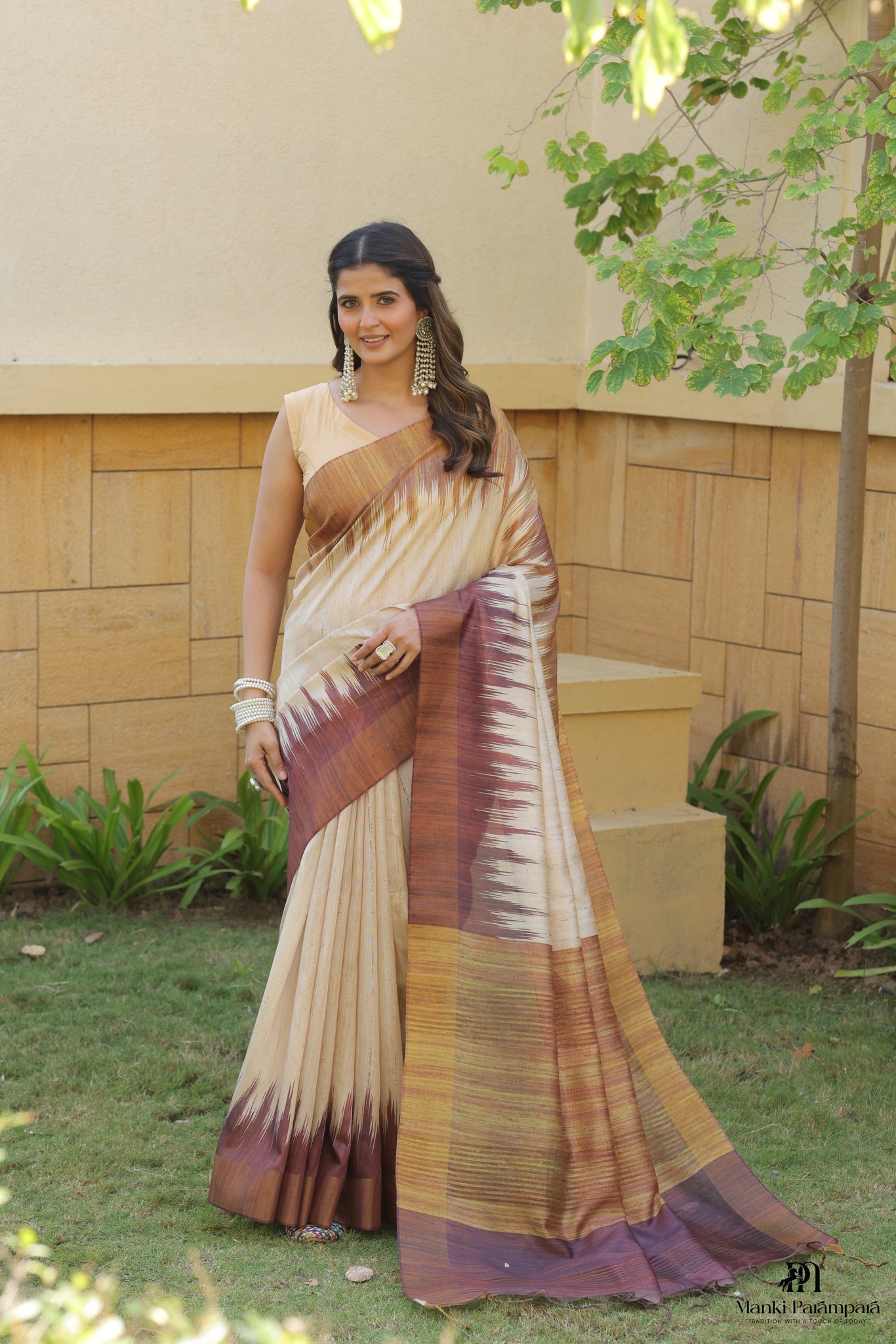 Beige Brown Ikat Silk Saree