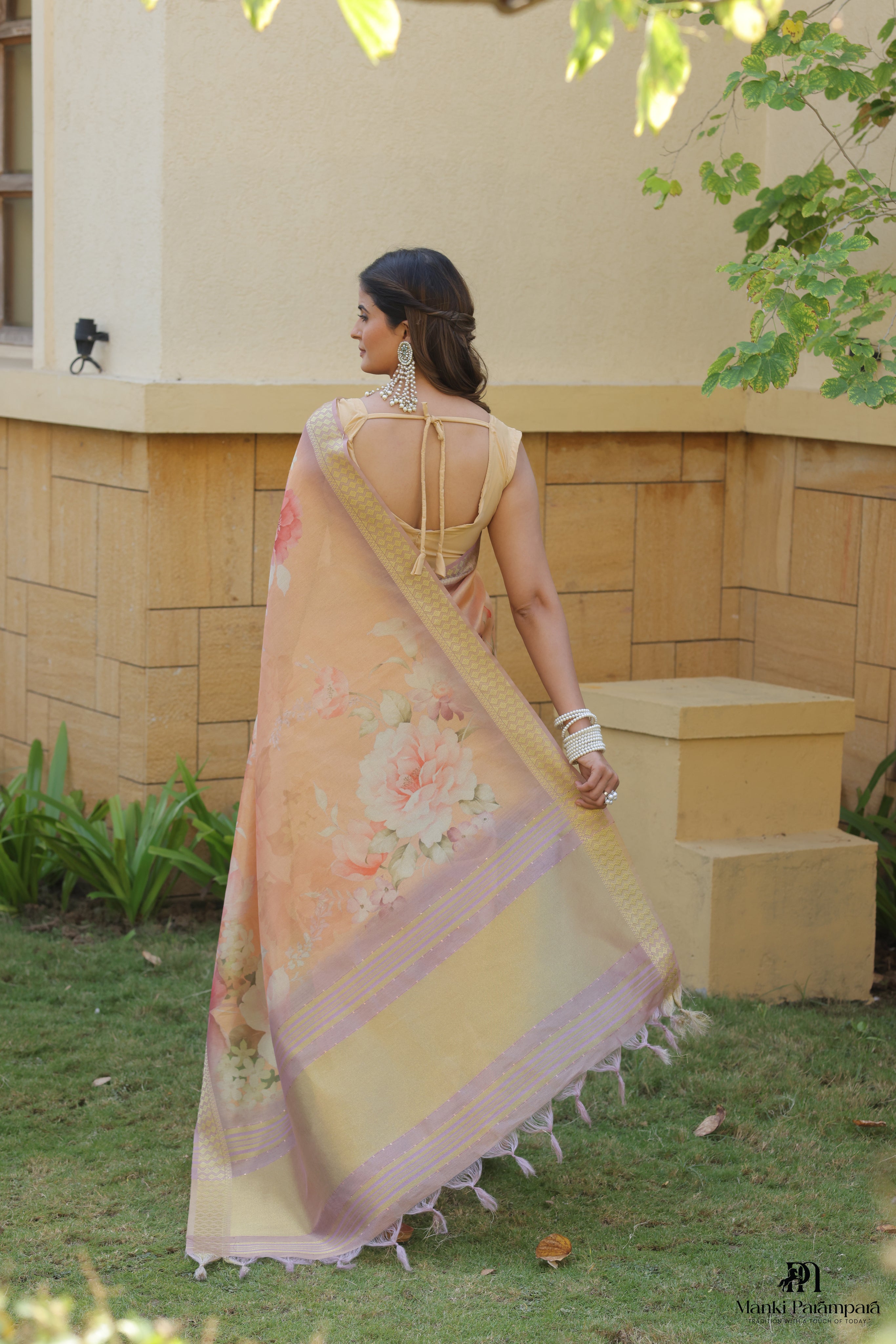 Peach Floral Silk Saree