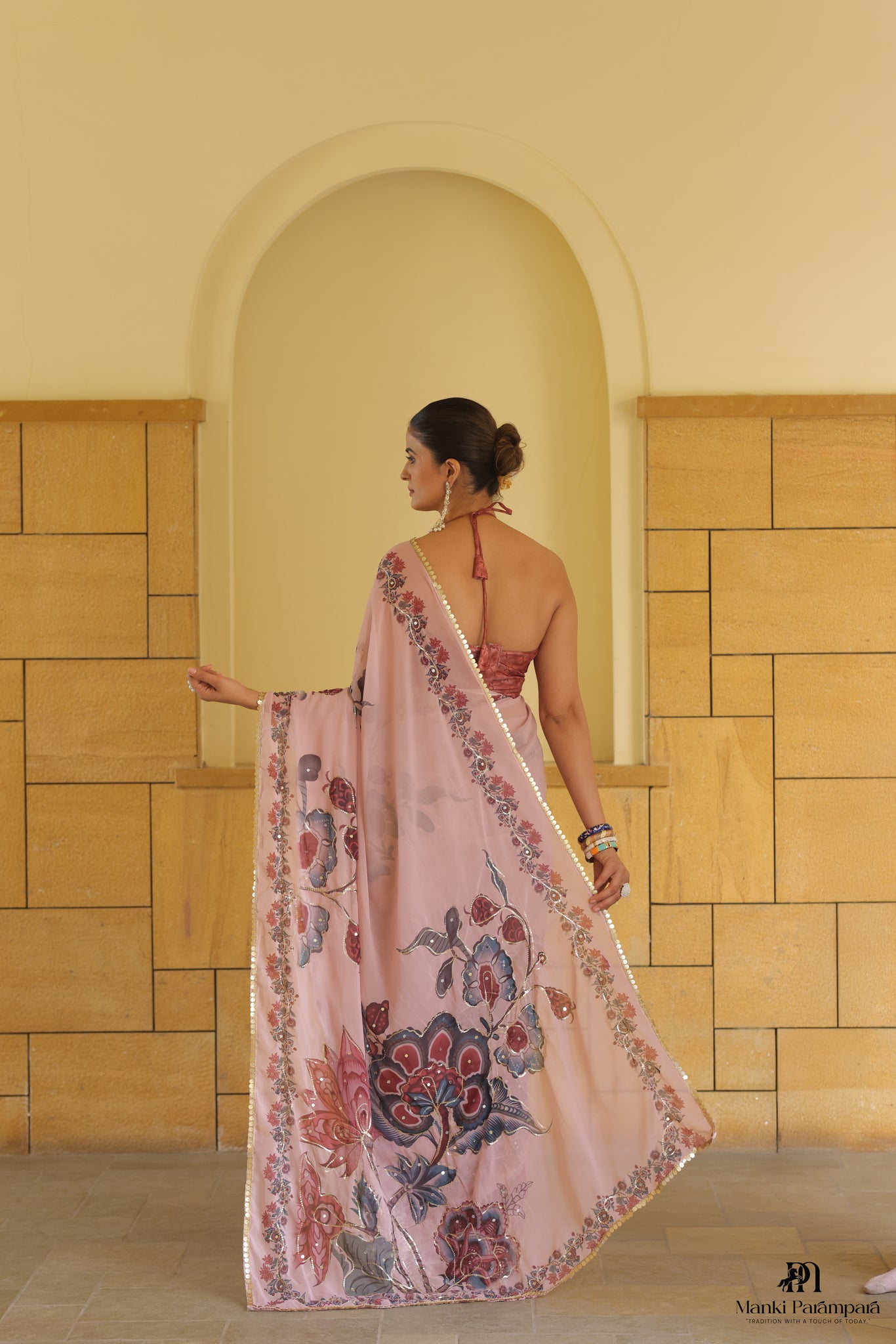 Pastel Pink Chiffon Floral Saree