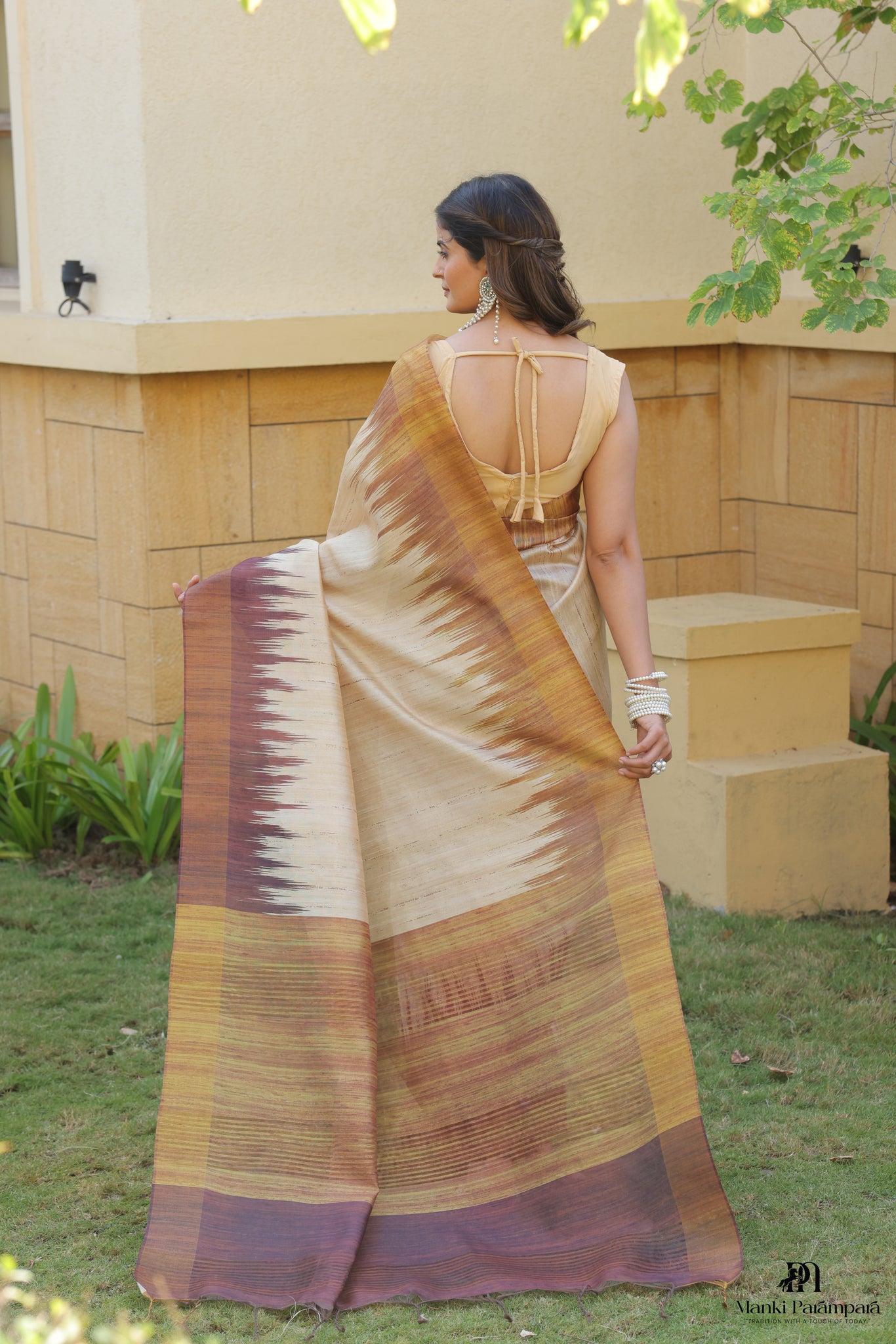 Beige Brown Ikat Silk Saree