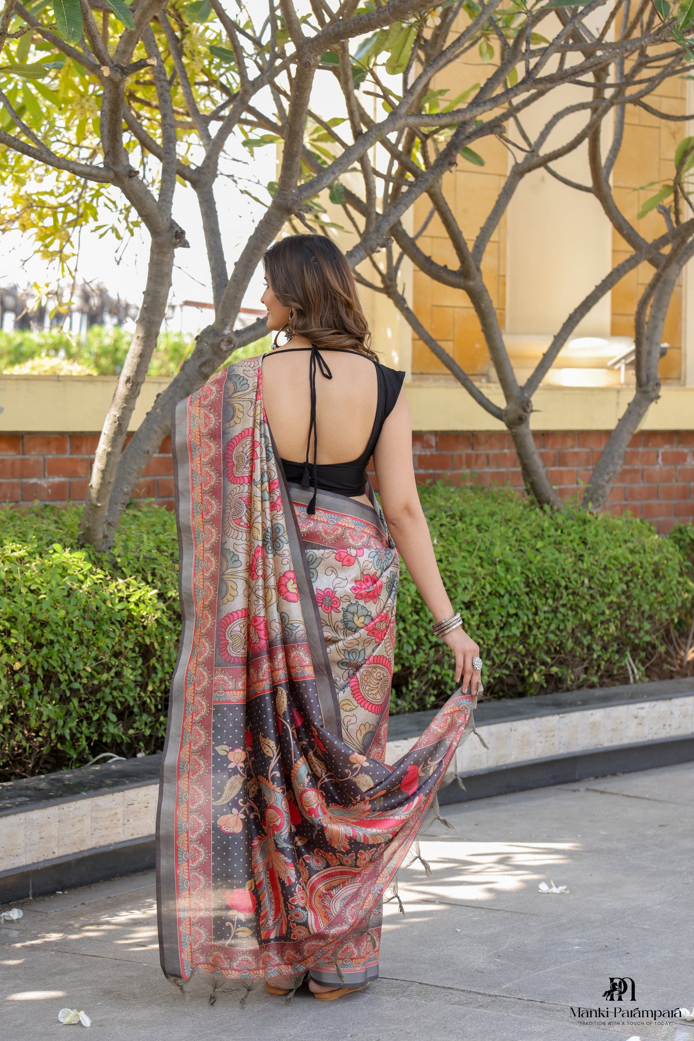 Peacock & Floral Kalamkari Saree